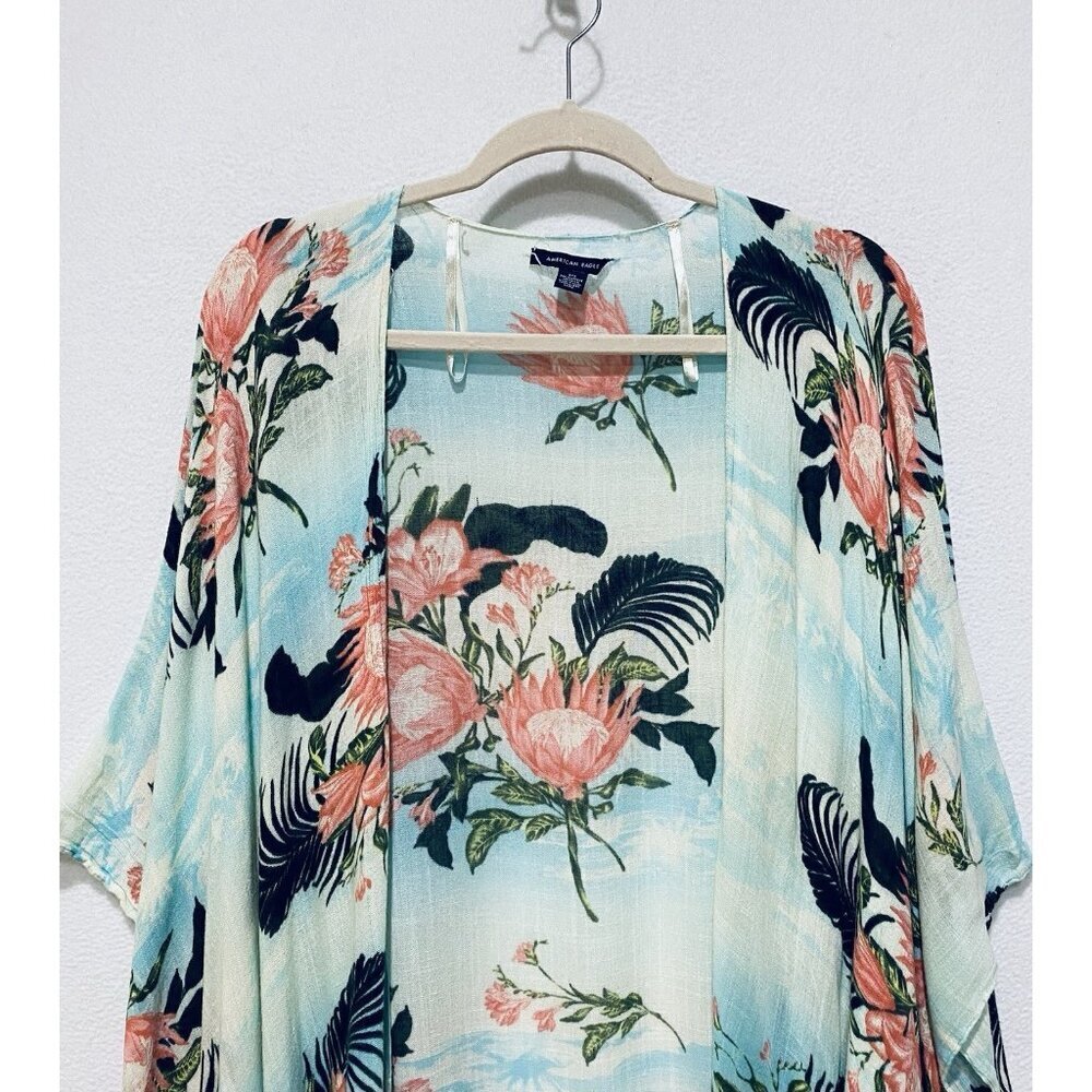 American Eagle Top Womens One Size Boho Floral Kimono Fringe Hem Beachy Hawaiian - Picture 3 of 9